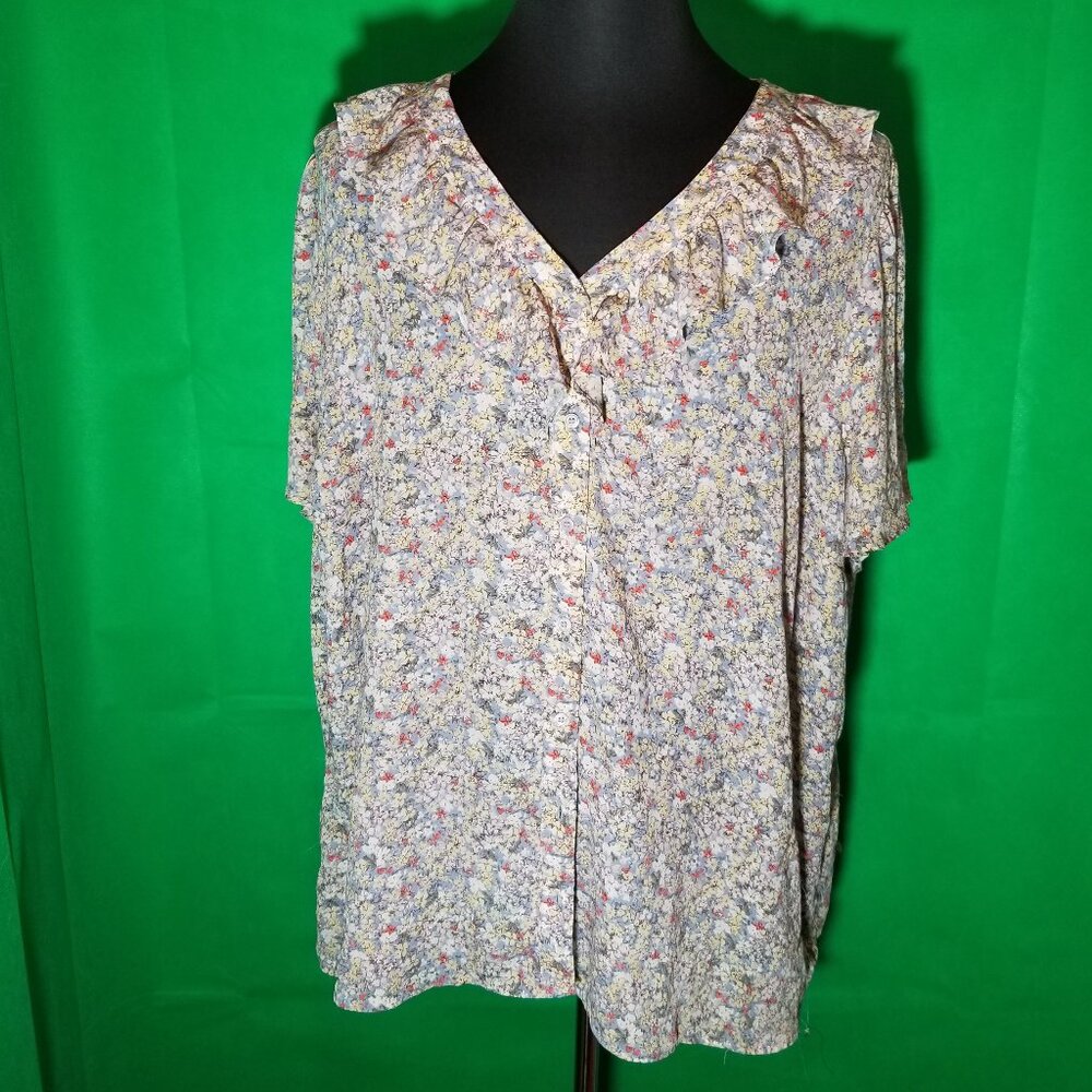 Pleione‎ Women’s 3x Blue Floral Ruffle V-Neck Flutter Sleeve Blouse Peasant Boho